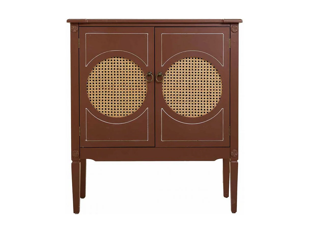 Tavolino da ingresso in legno e rattan con 2 ante marroni