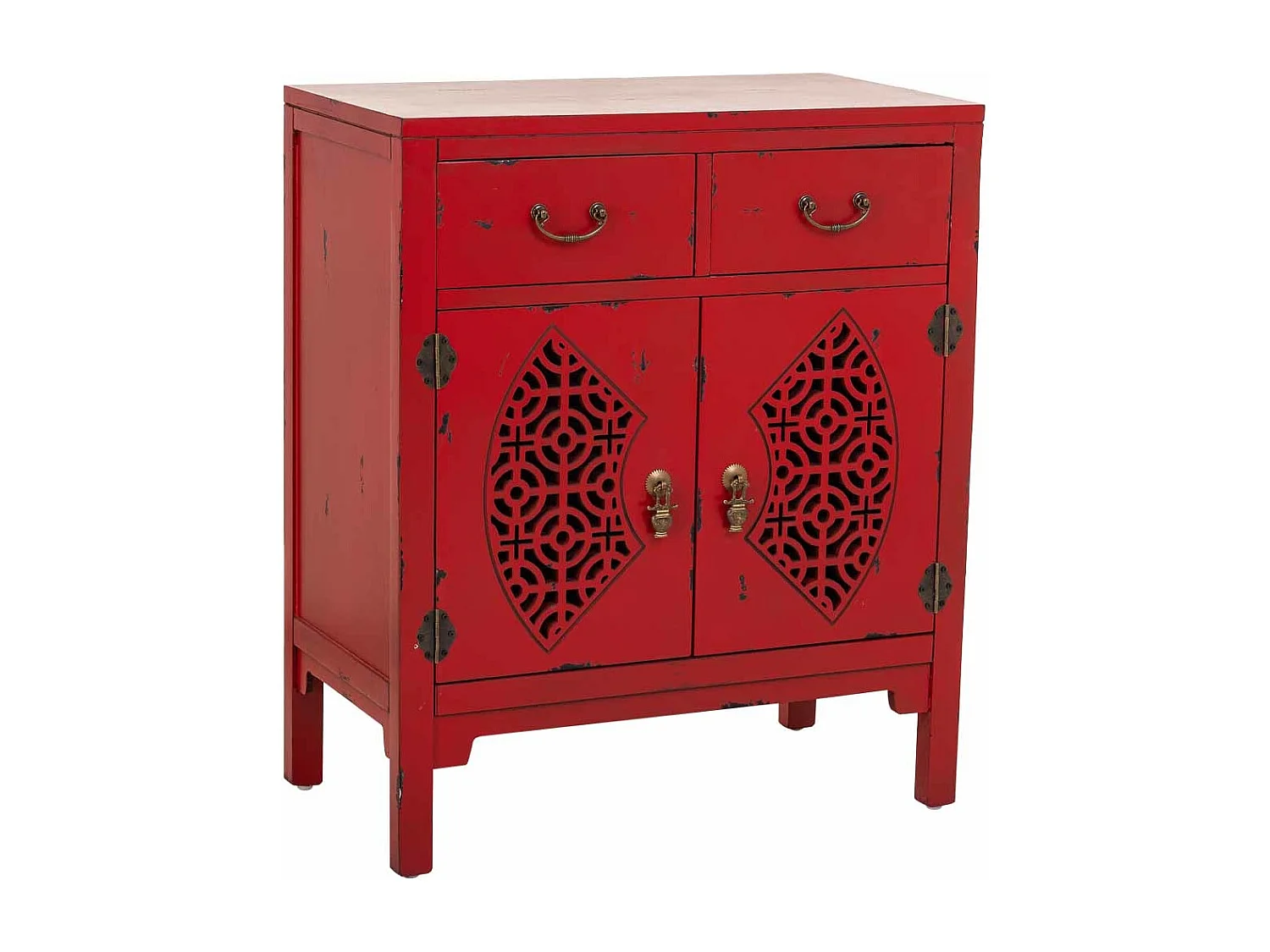 Houten haltafel met 2 lades en 2 deuren in rood