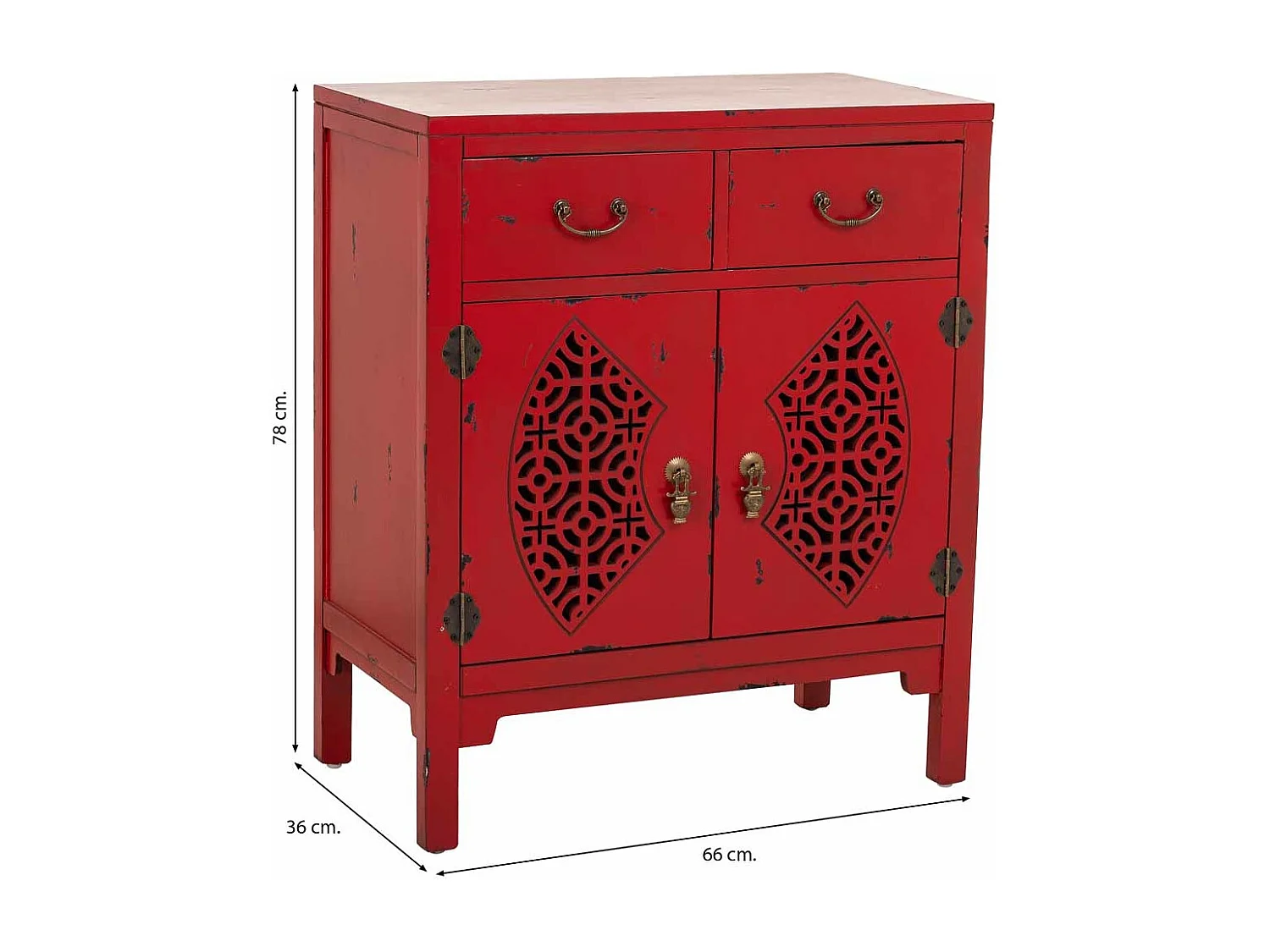 Houten haltafel met 2 lades en 2 deuren in rood