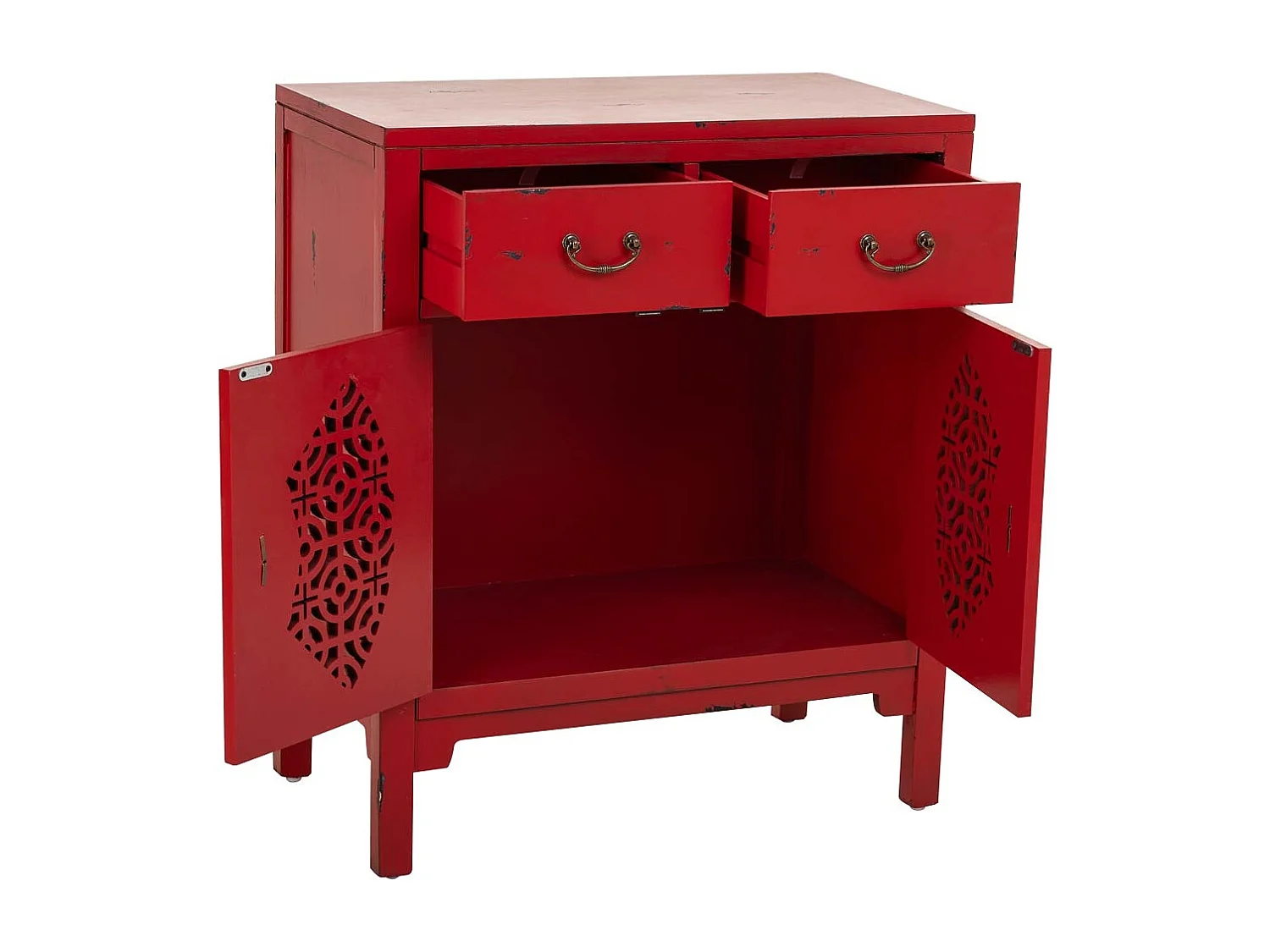 Houten haltafel met 2 lades en 2 deuren in rood