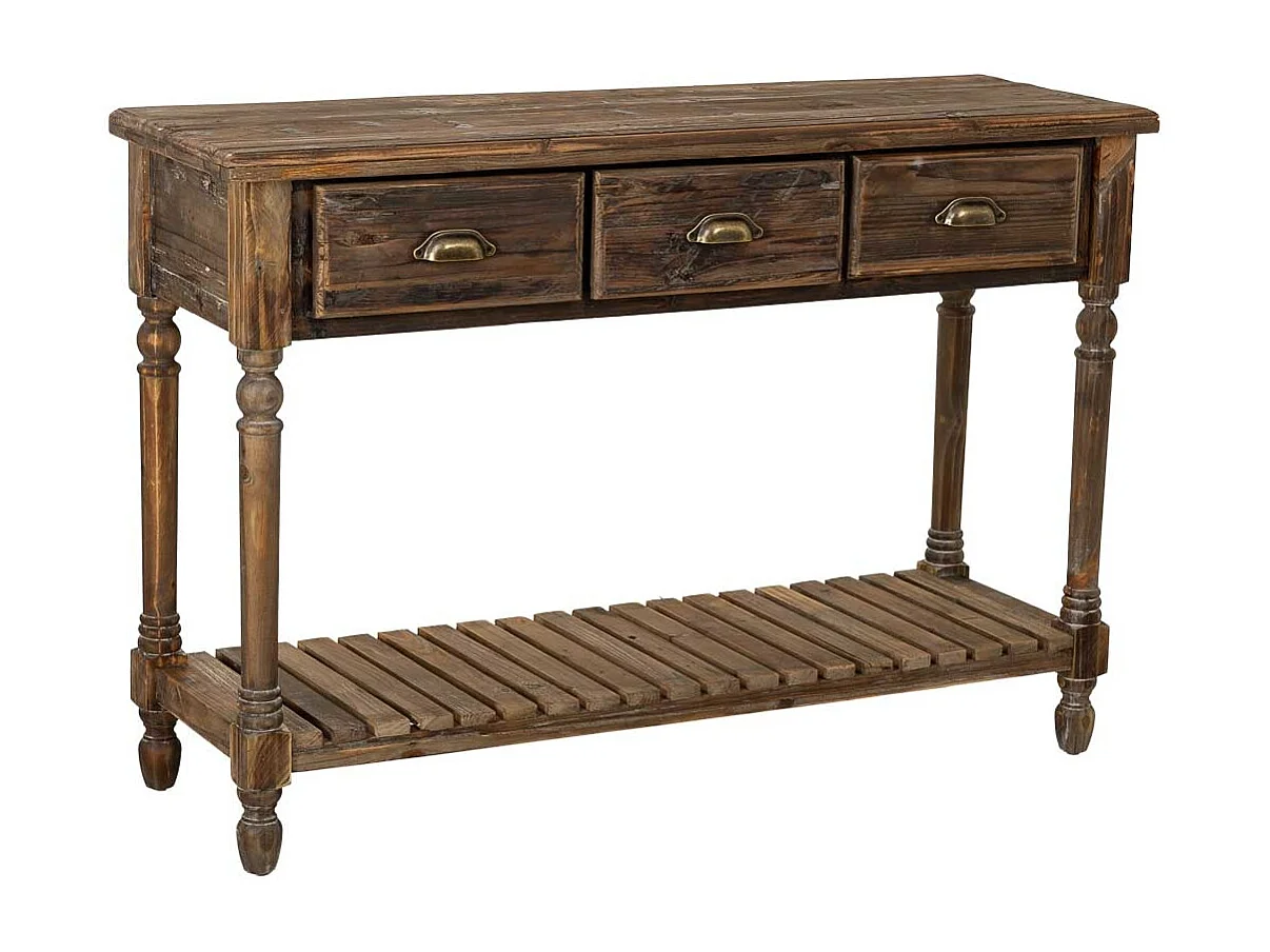 Houten haltafel met 3 bruine lades