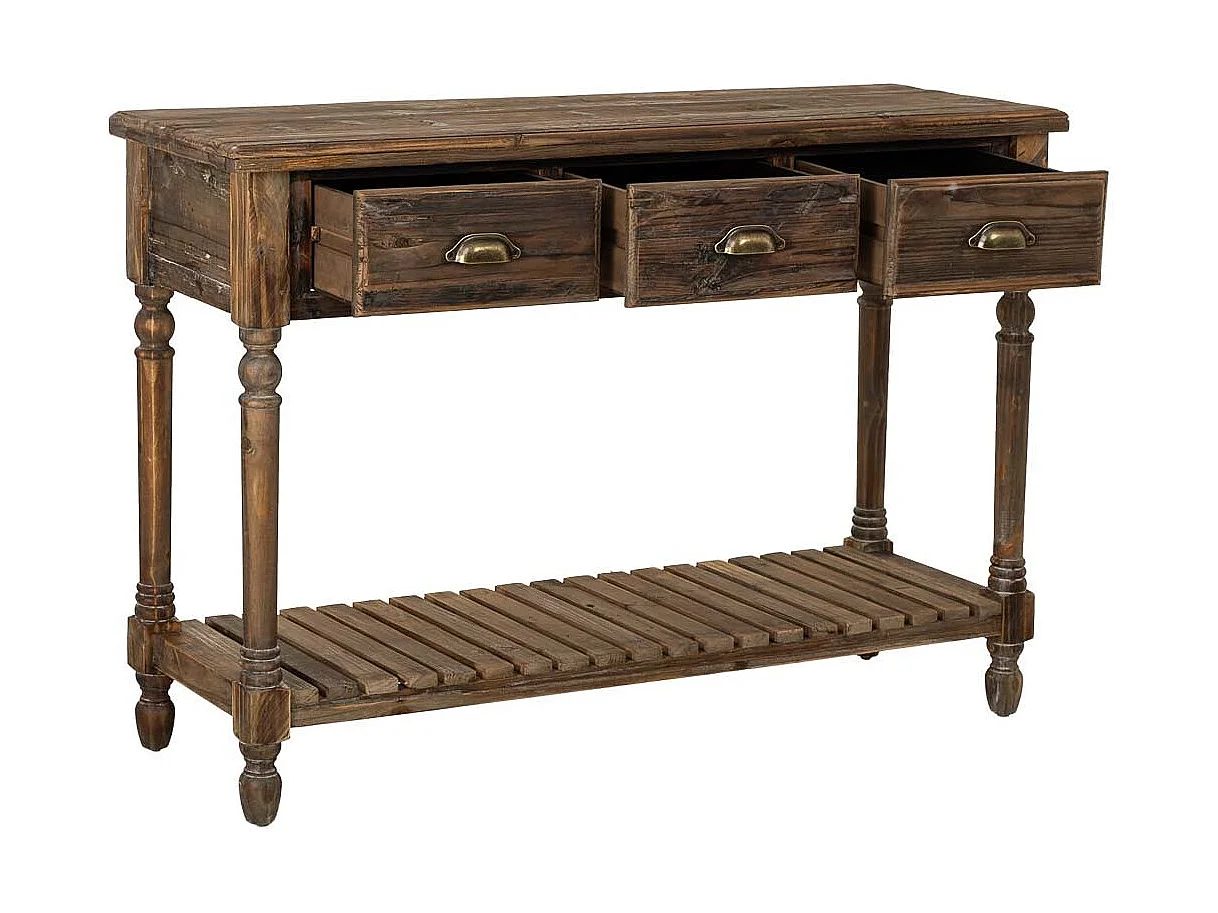 Houten haltafel met 3 bruine lades