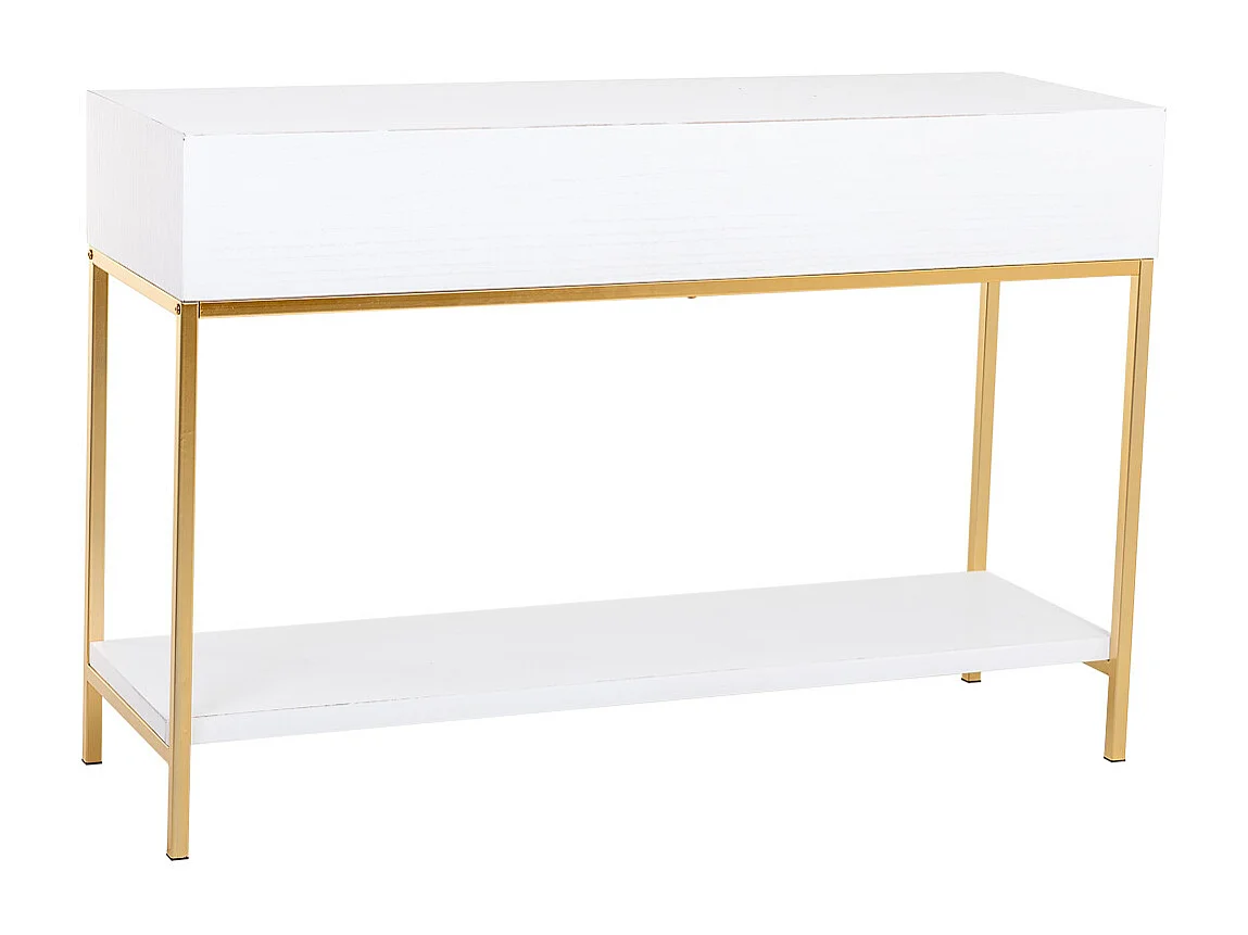 Móvel para corredor com duas gavetas em madeira e metal branco e dourado.