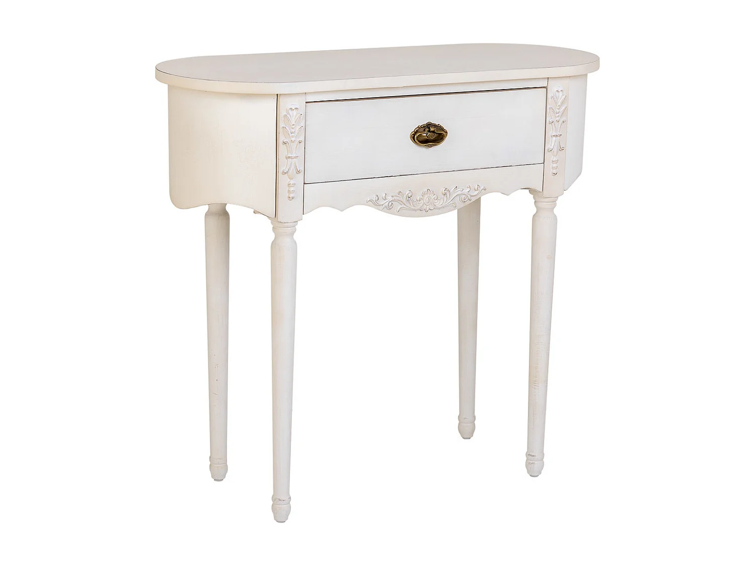 Mesa de entrada em madeira envelhecida laqueada branca com 1 gaveta.