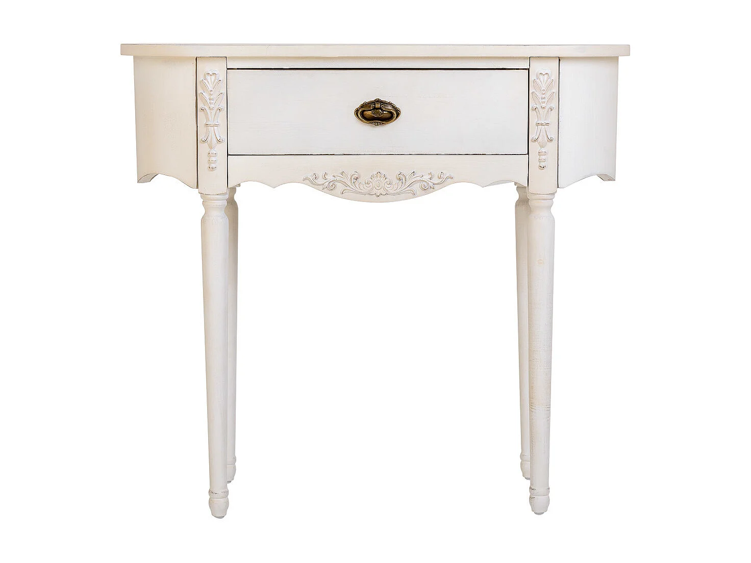 Mesa de entrada em madeira envelhecida laqueada branca com 1 gaveta.