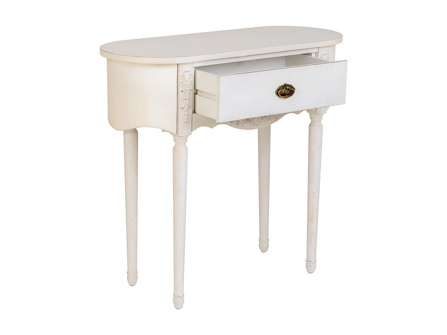 Mesa de entrada em madeira envelhecida laqueada branca com 1 gaveta.