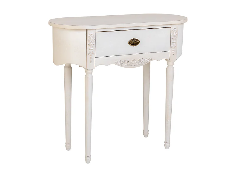 Mesa de entrada em madeira envelhecida laqueada branca com 1 gaveta.