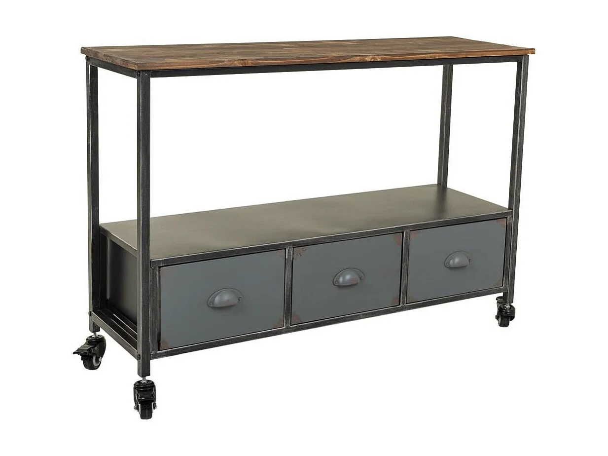 Haltafel van hout en metaal met 2 planken en 3 lades.