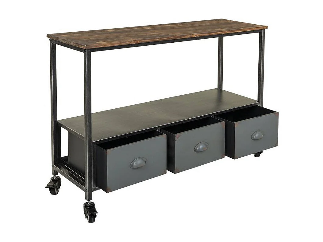 Haltafel van hout en metaal met 2 planken en 3 lades.