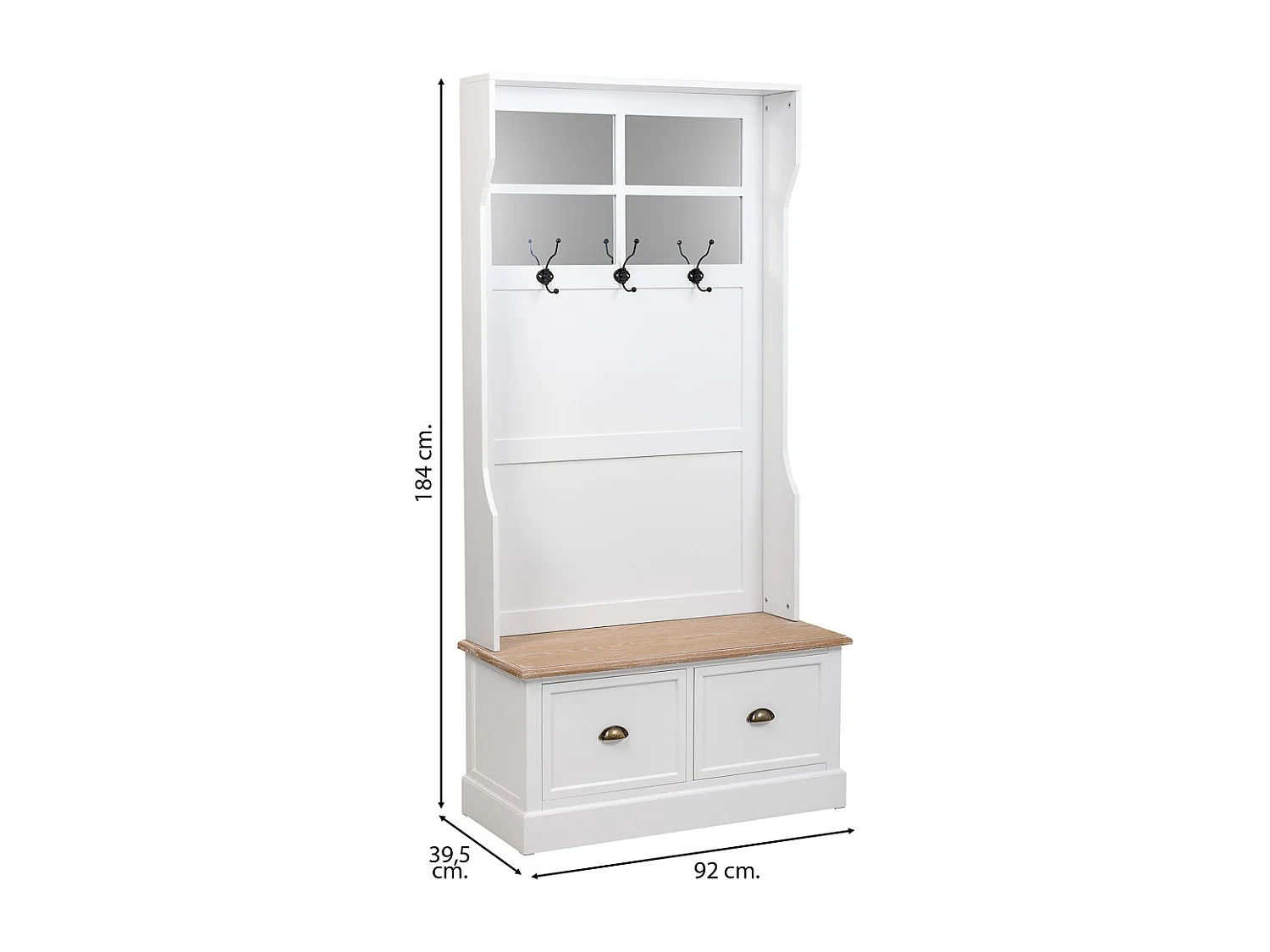 Flurschrank aus Holz mit 2 Schubladen, weiß, 92x39,5x184 cm