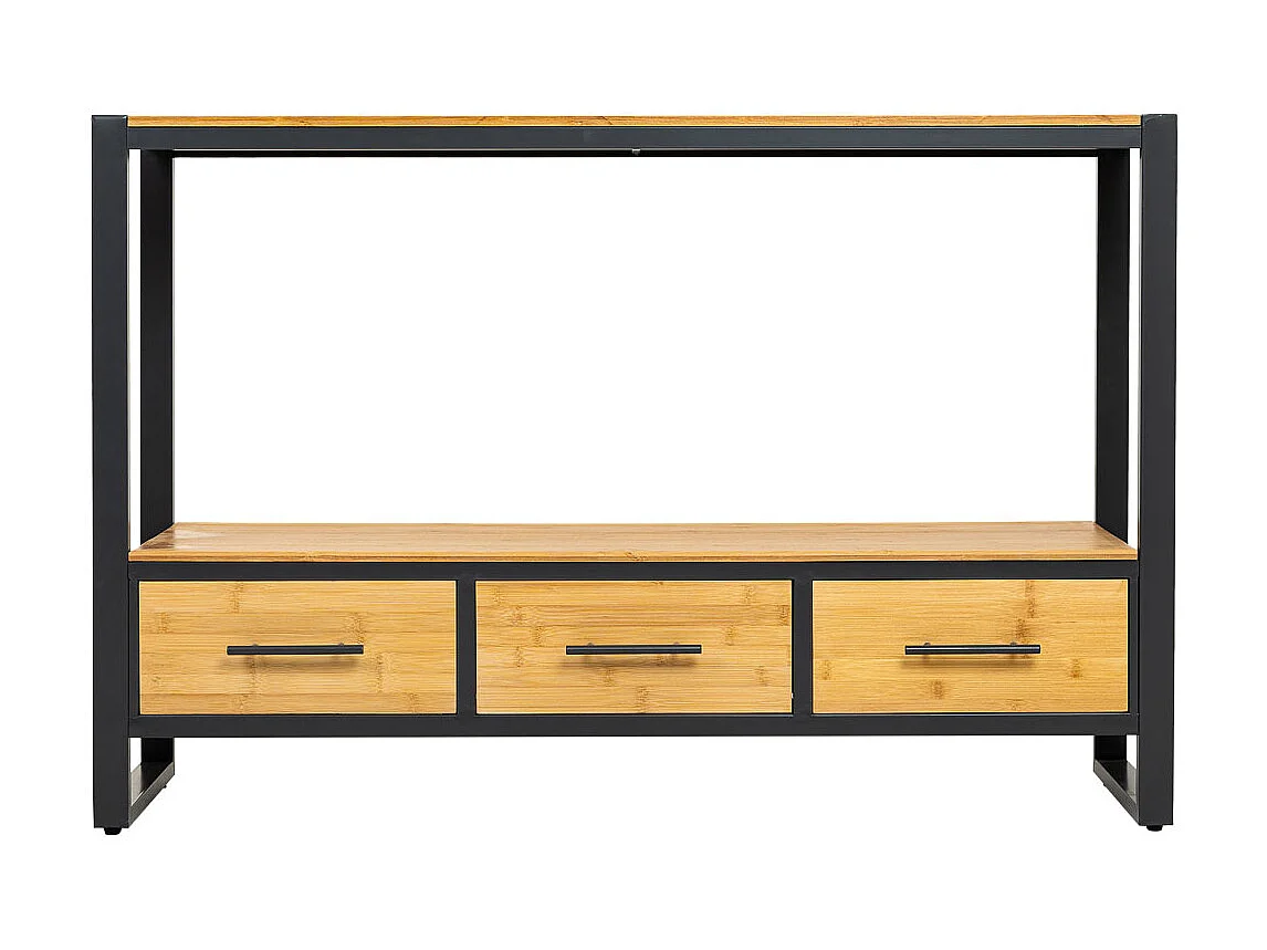 Tavolino da ingresso in metallo e legno con 3 cassetti, marrone