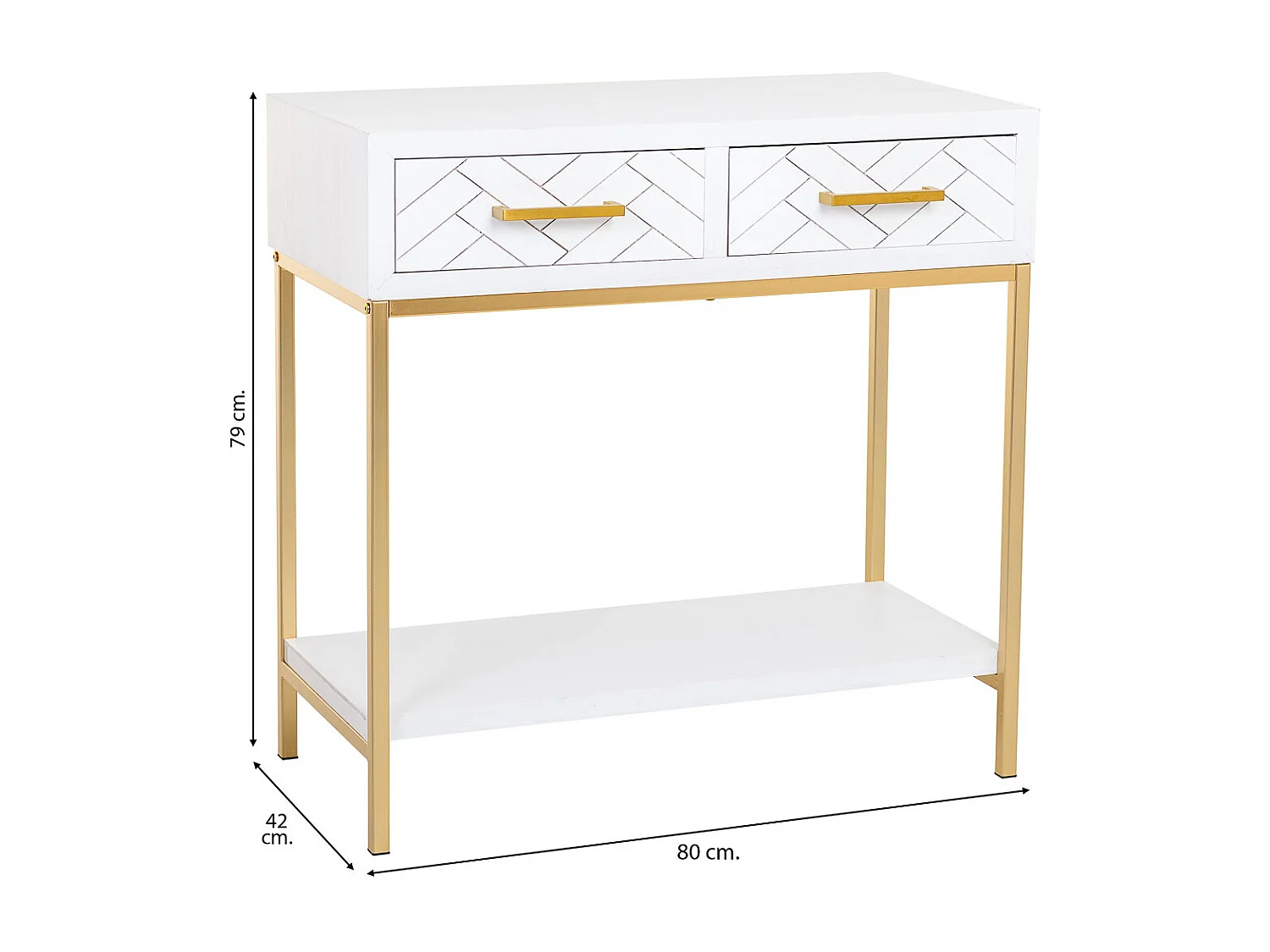 Móvel de corredor com 2 gavetas, em madeira e metal branco e dourado.