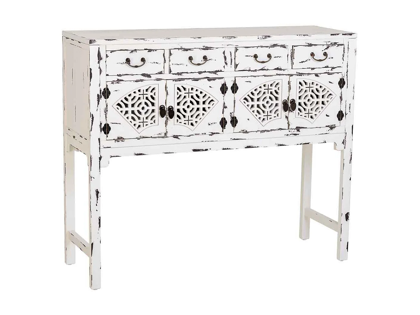 Aparador de entrada em madeira laqueada branca envelhecida com 4 gavetas e 4 portas.