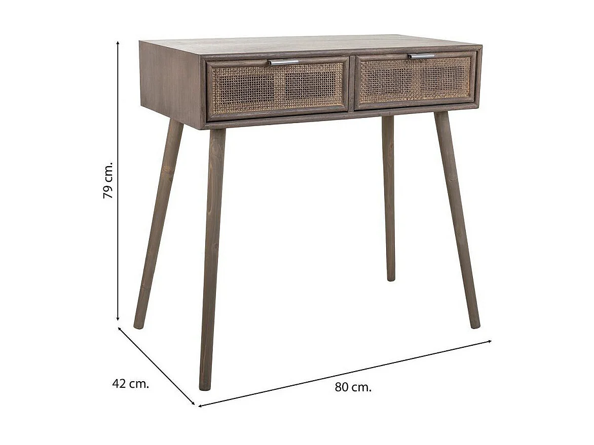 Halmeubel met rasterpatroon van hout en bamboe, met 2 lades, grijs