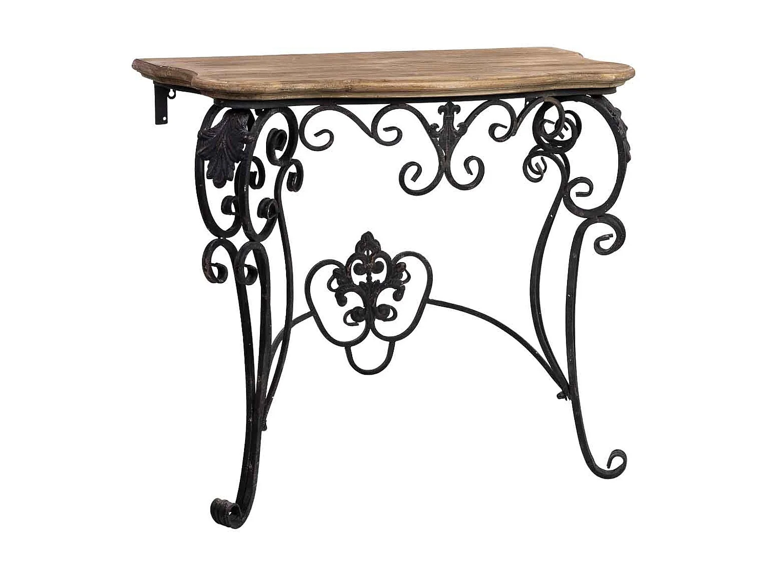 Haltafel van hout en metaal met een verouderde zwarte afwerking.