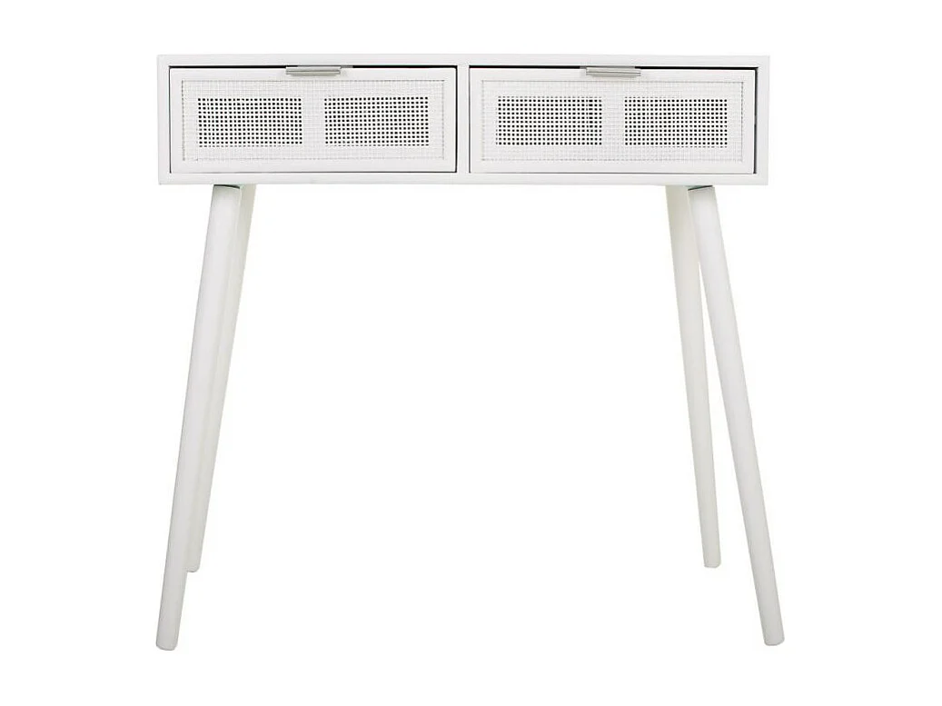 Mesa de entrada em madeira e tela metálica com 2 gavetas brancas.