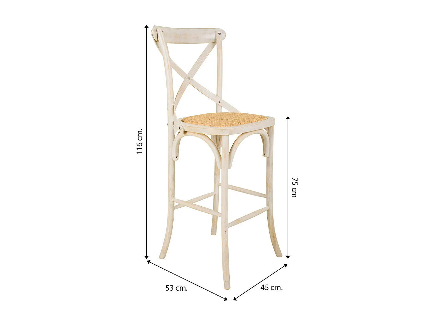 Taburete de madera y asiento de ratán blanco 45x53x75/116
