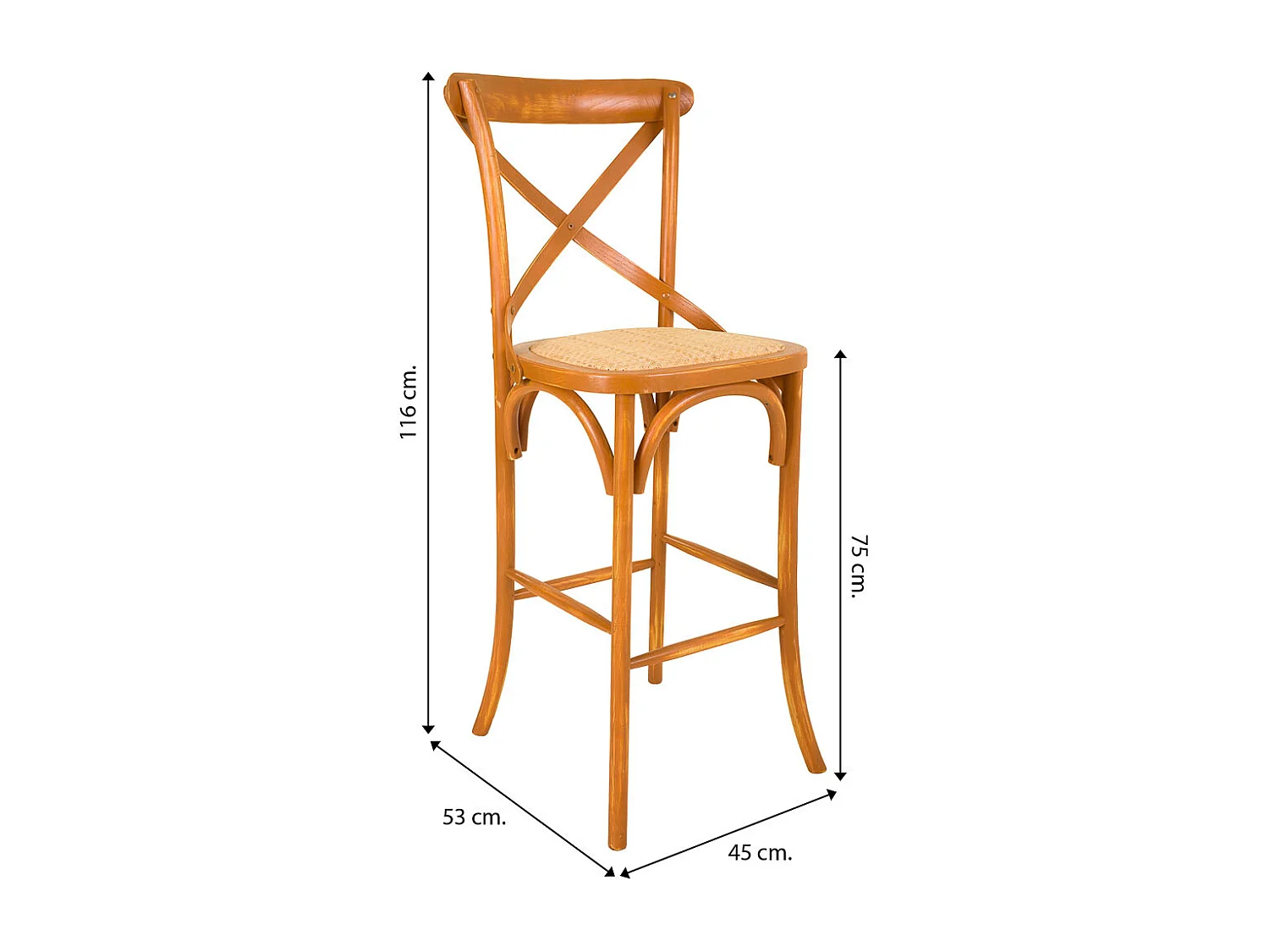 Banqueta de madeira e assento de rattan marrom 45x53x75/116