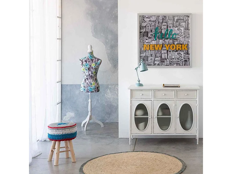 Blauwe houten kruk met gevlochten katoenen bekleding