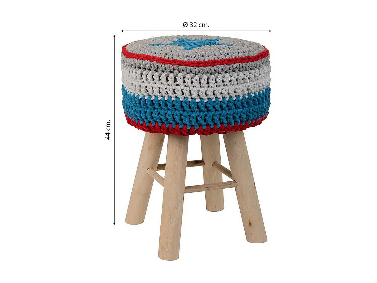 Blauwe houten kruk met gevlochten katoenen bekleding