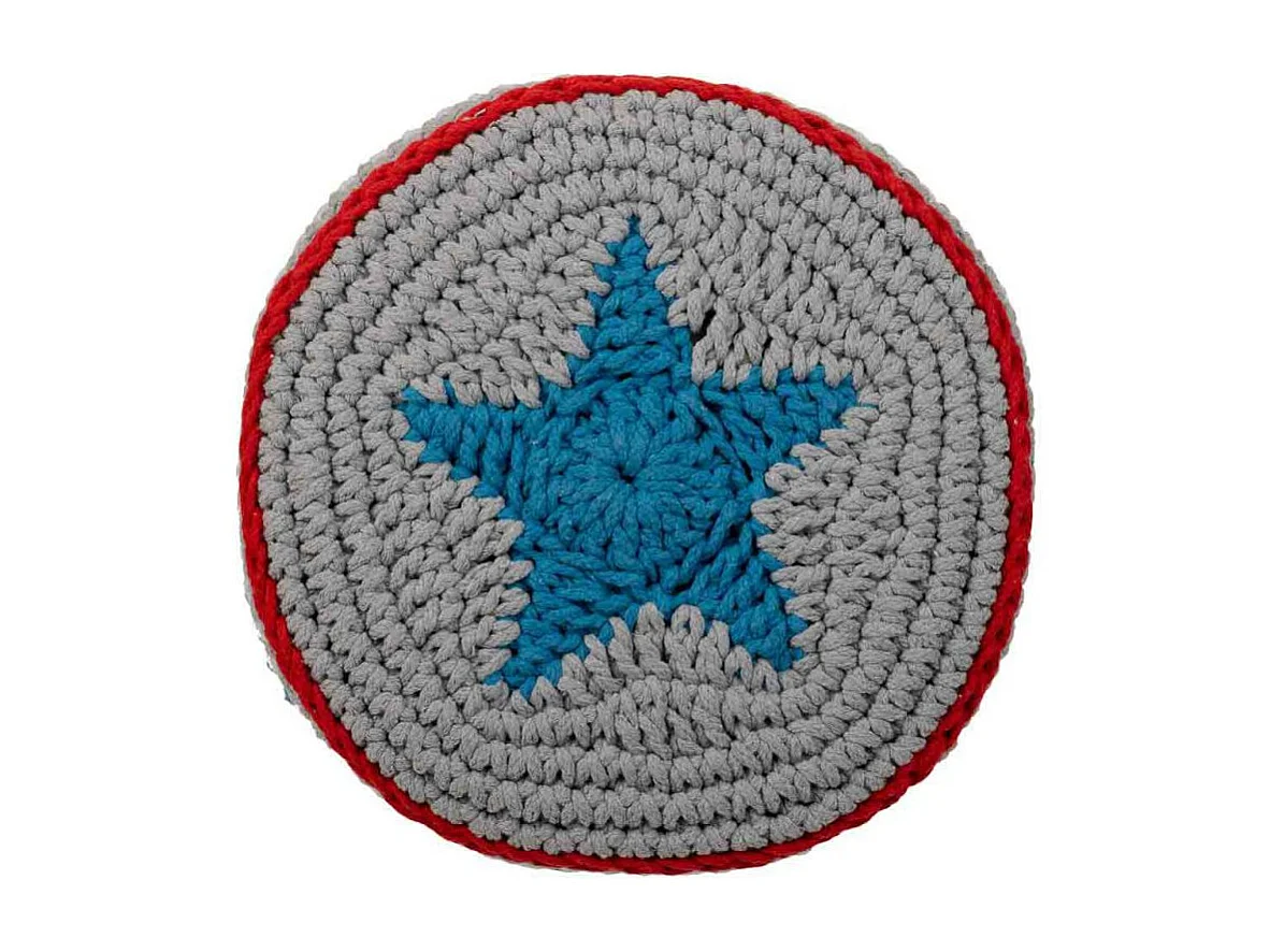 Blauwe houten kruk met gevlochten katoenen bekleding