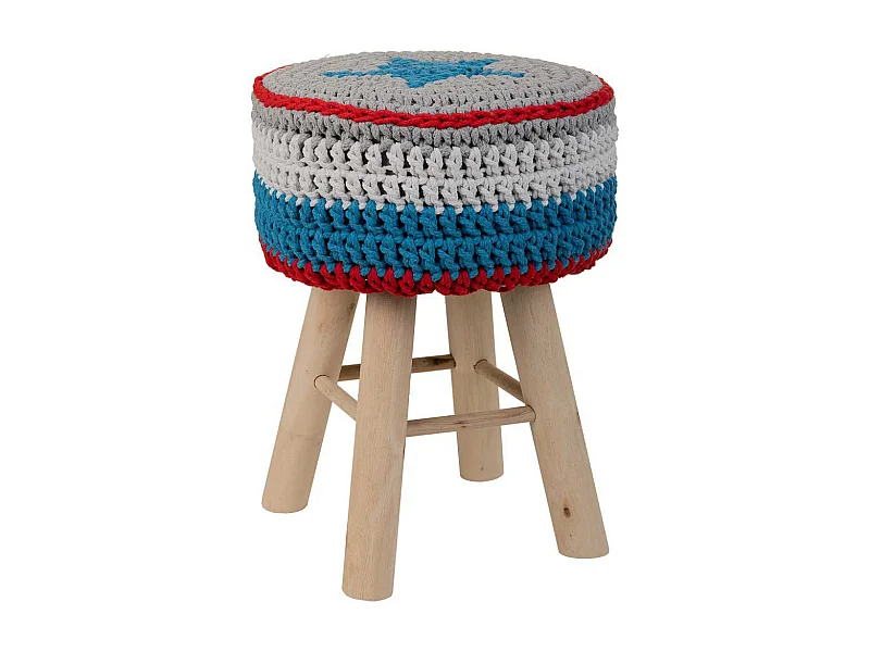 Blauwe houten kruk met gevlochten katoenen bekleding