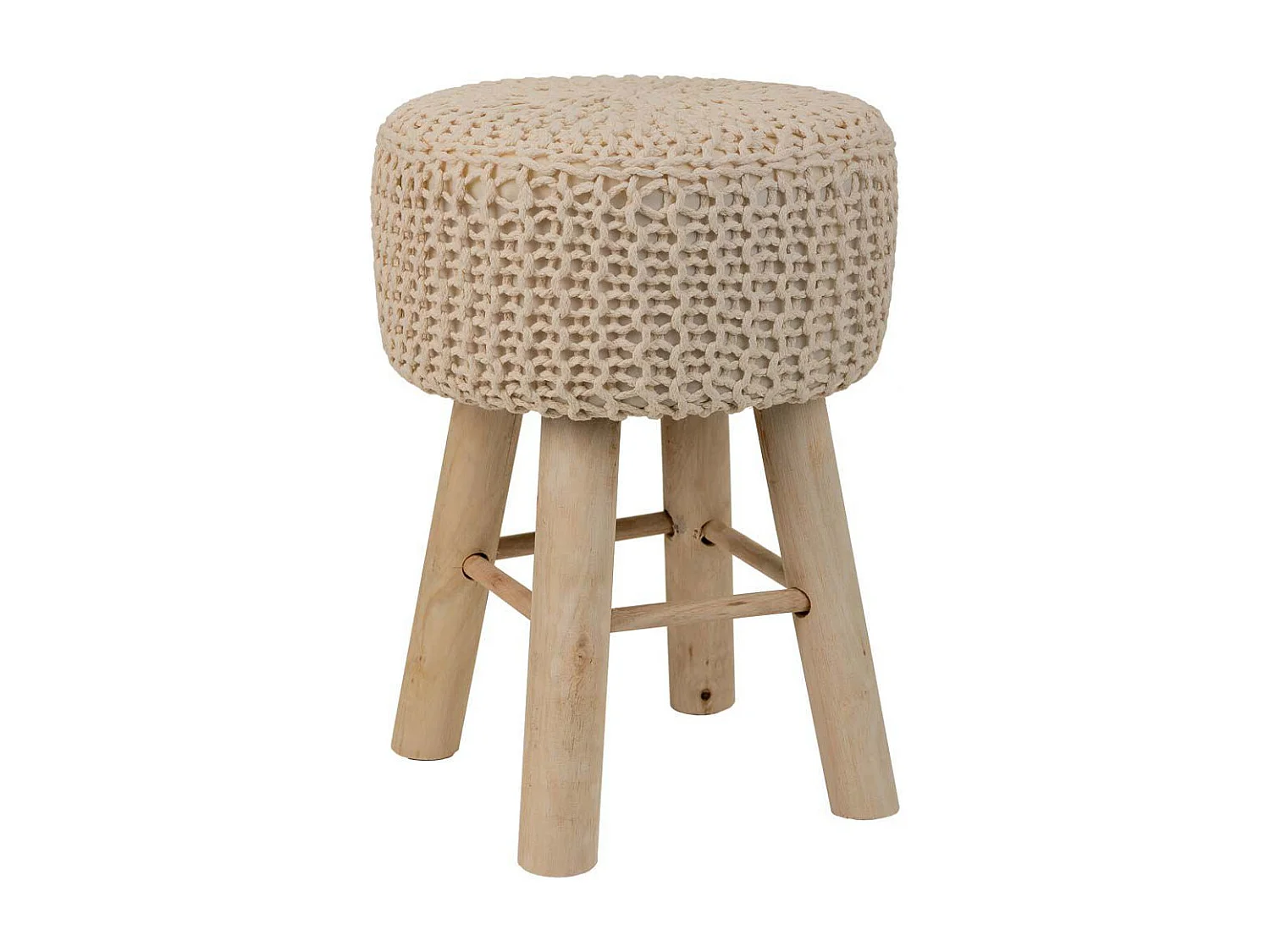 Banquinho de madeira e algodão trançado marrom