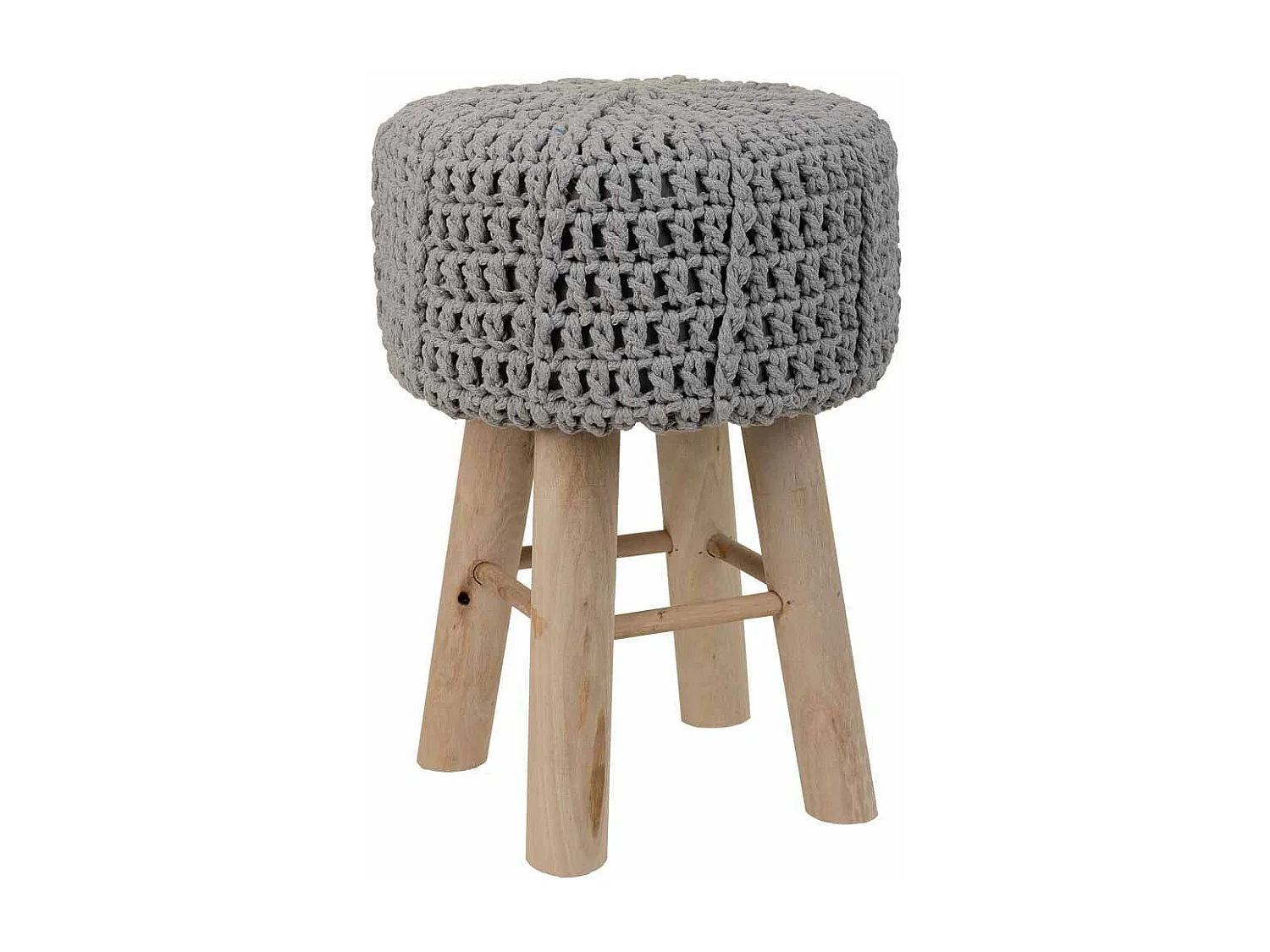 Grijze houten kruk met gevlochten katoenen bekleding