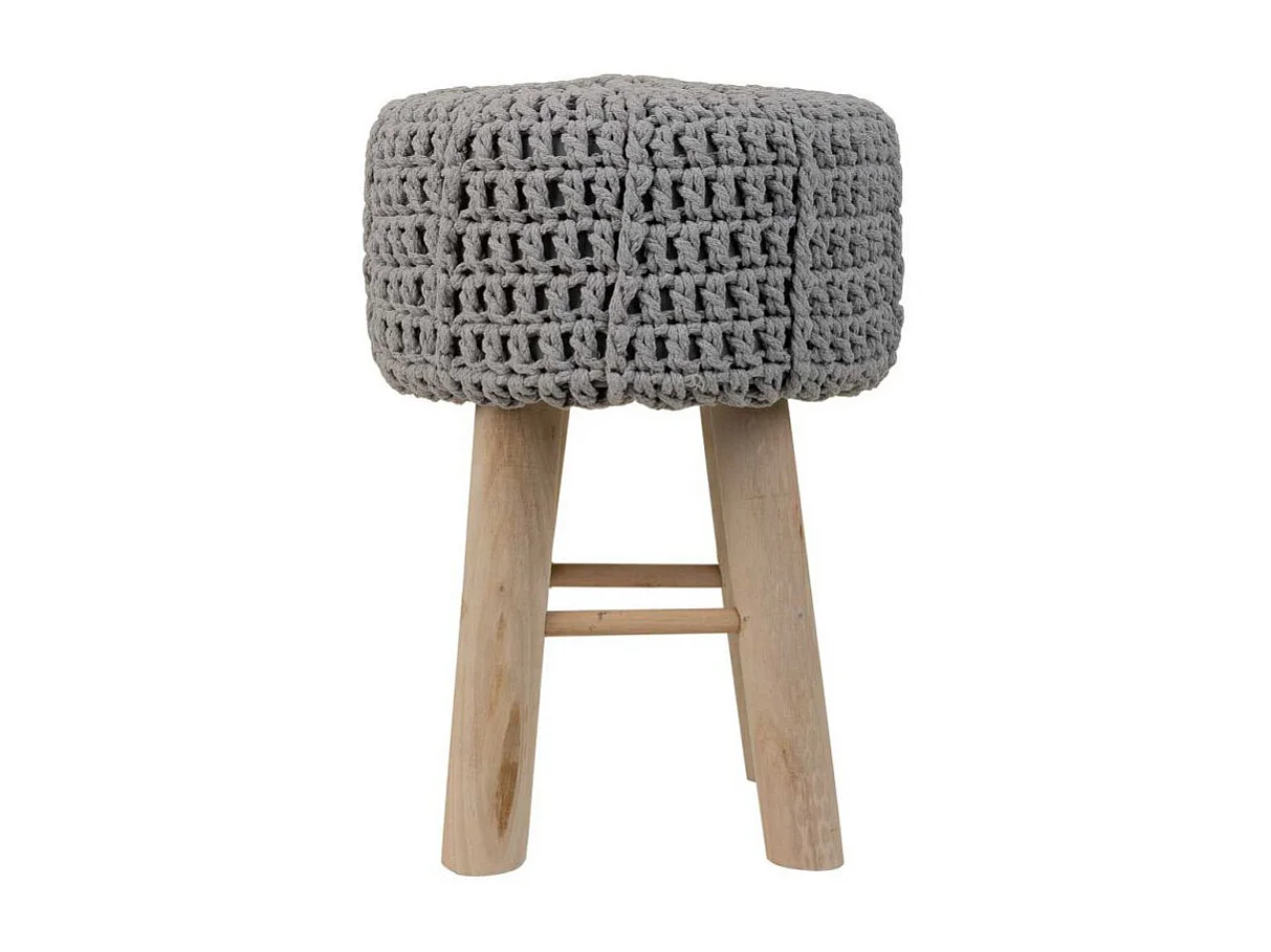 Grijze houten kruk met gevlochten katoenen bekleding