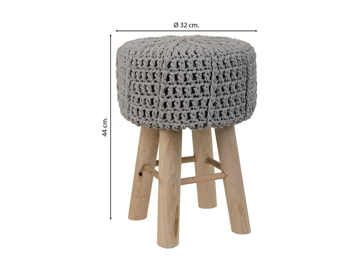 Grijze houten kruk met gevlochten katoenen bekleding