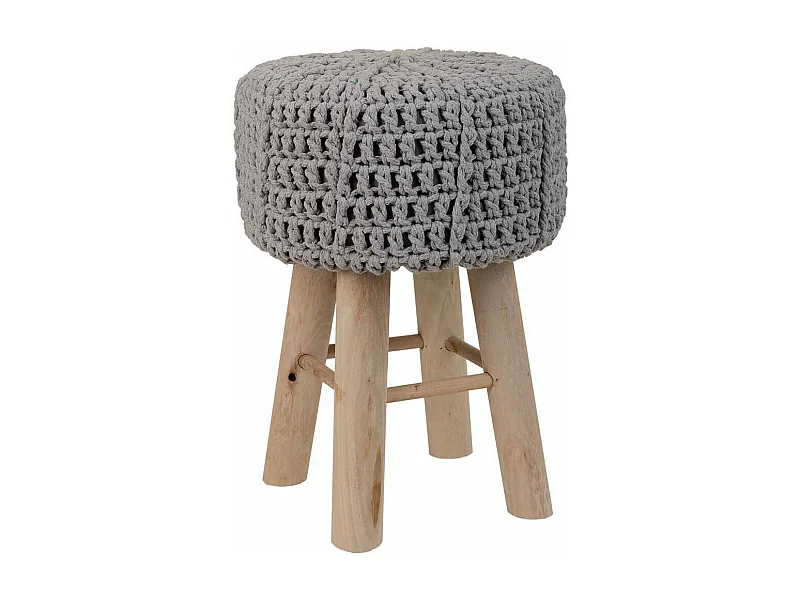 Grijze houten kruk met gevlochten katoenen bekleding