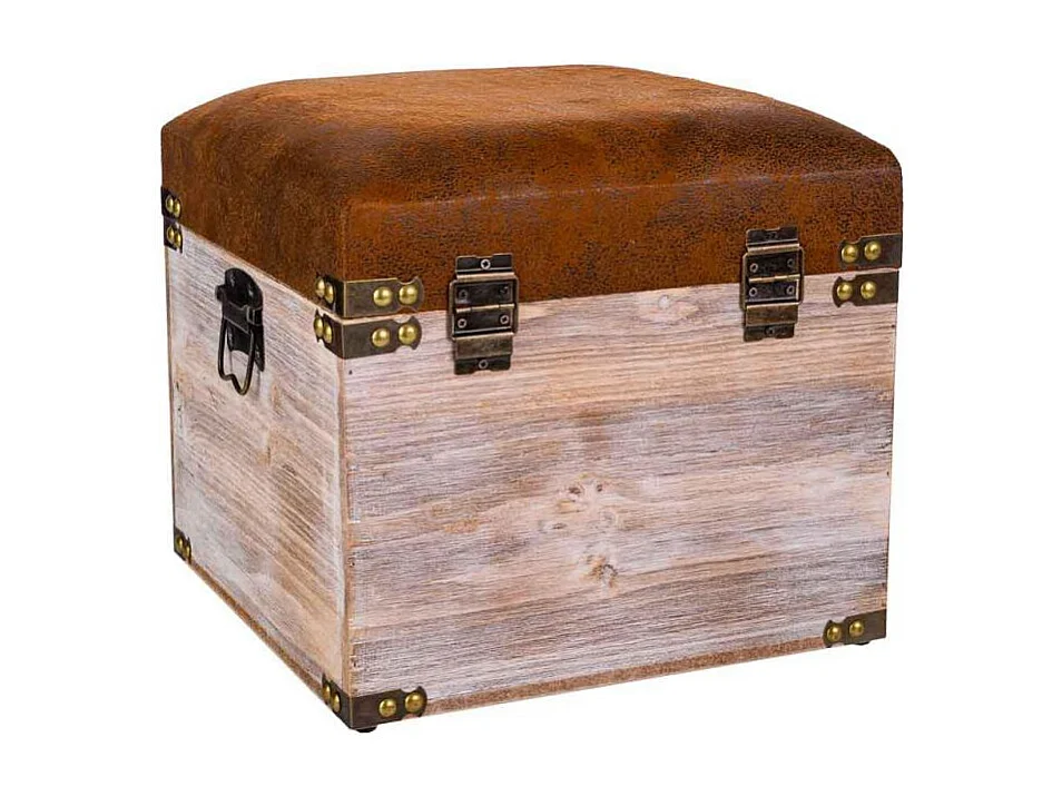 Houten en kunstleren opbergkruk