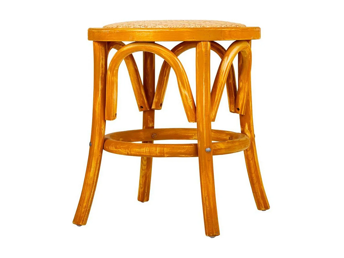 Taburete De Madera Y Asiento De Ratan