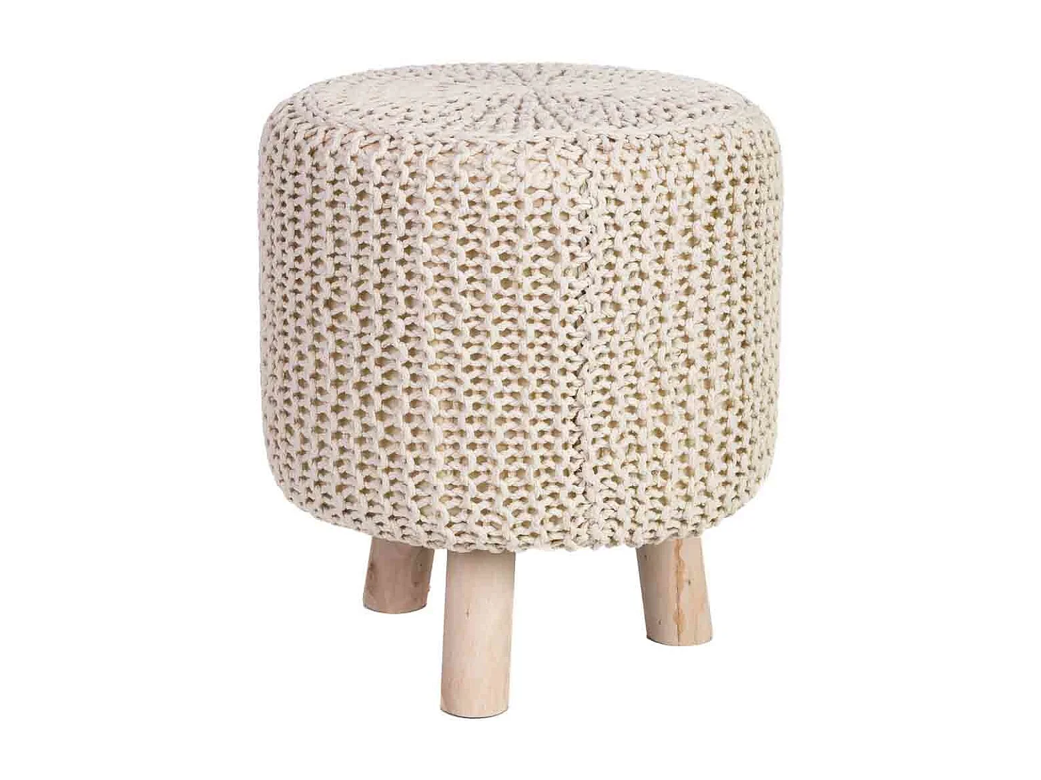 Houten kruk met beige gevlochten katoenen bekleding