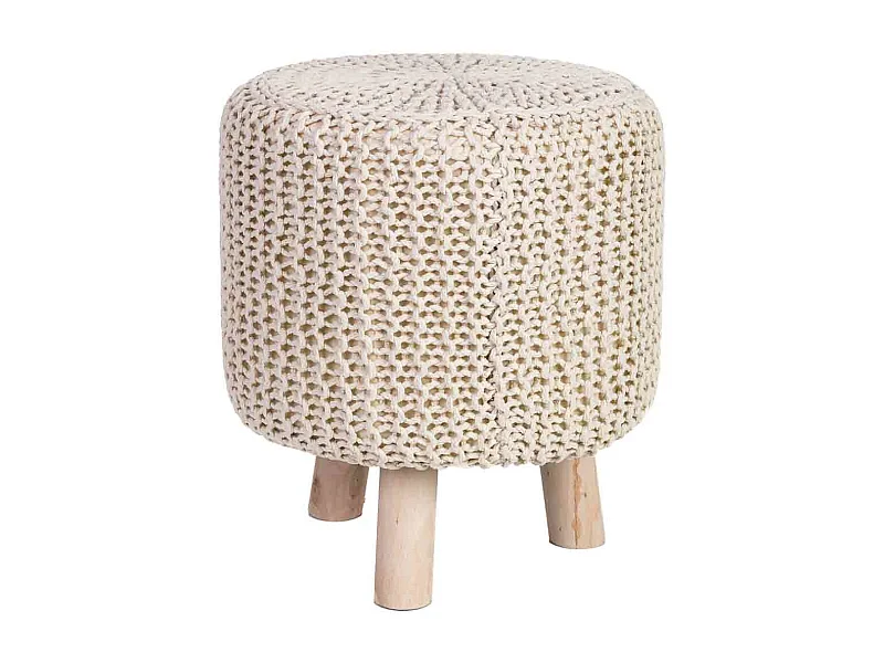 Houten kruk met beige gevlochten katoenen bekleding