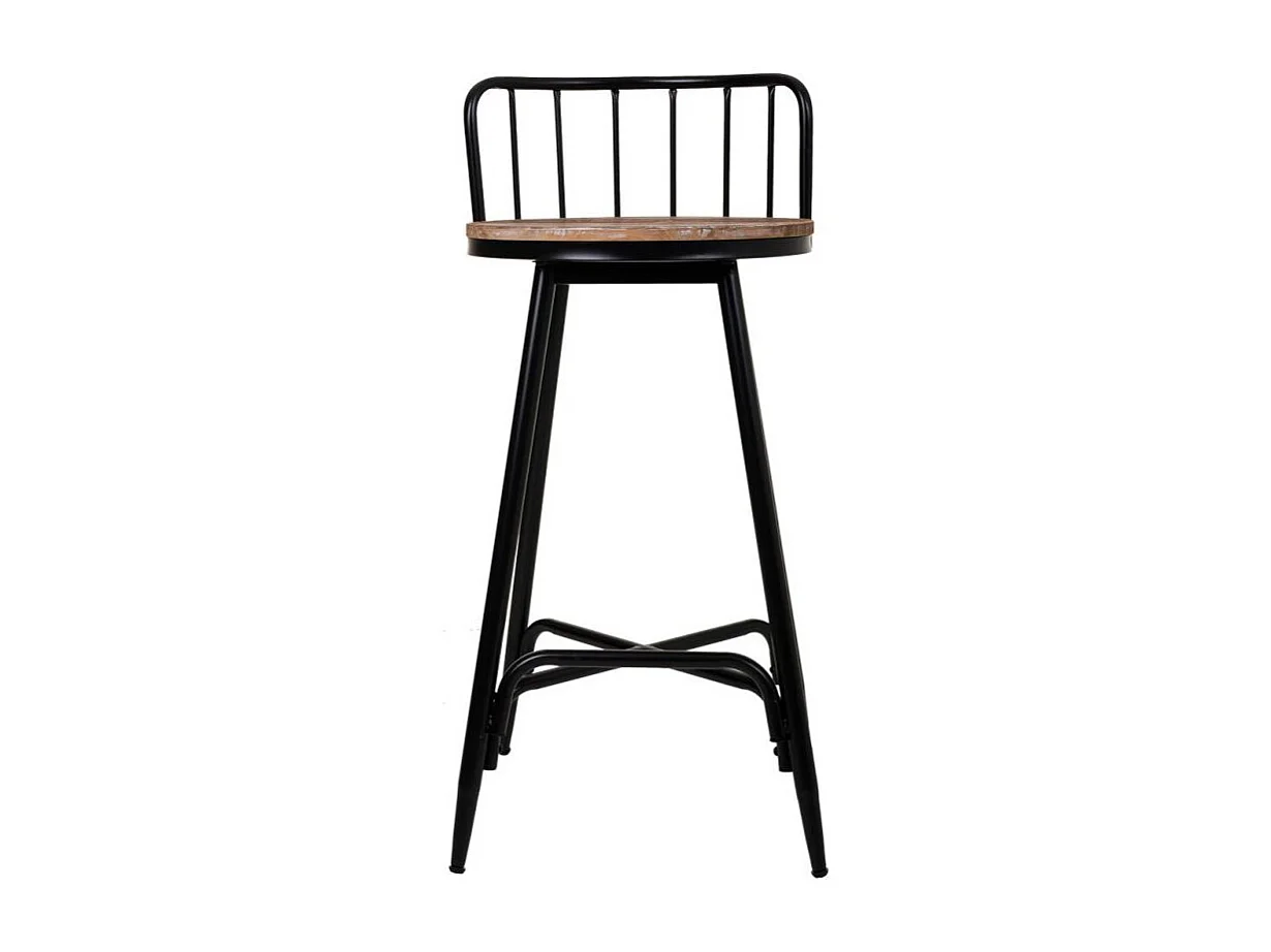 Banqueta com encosto em metal cinza e madeira.