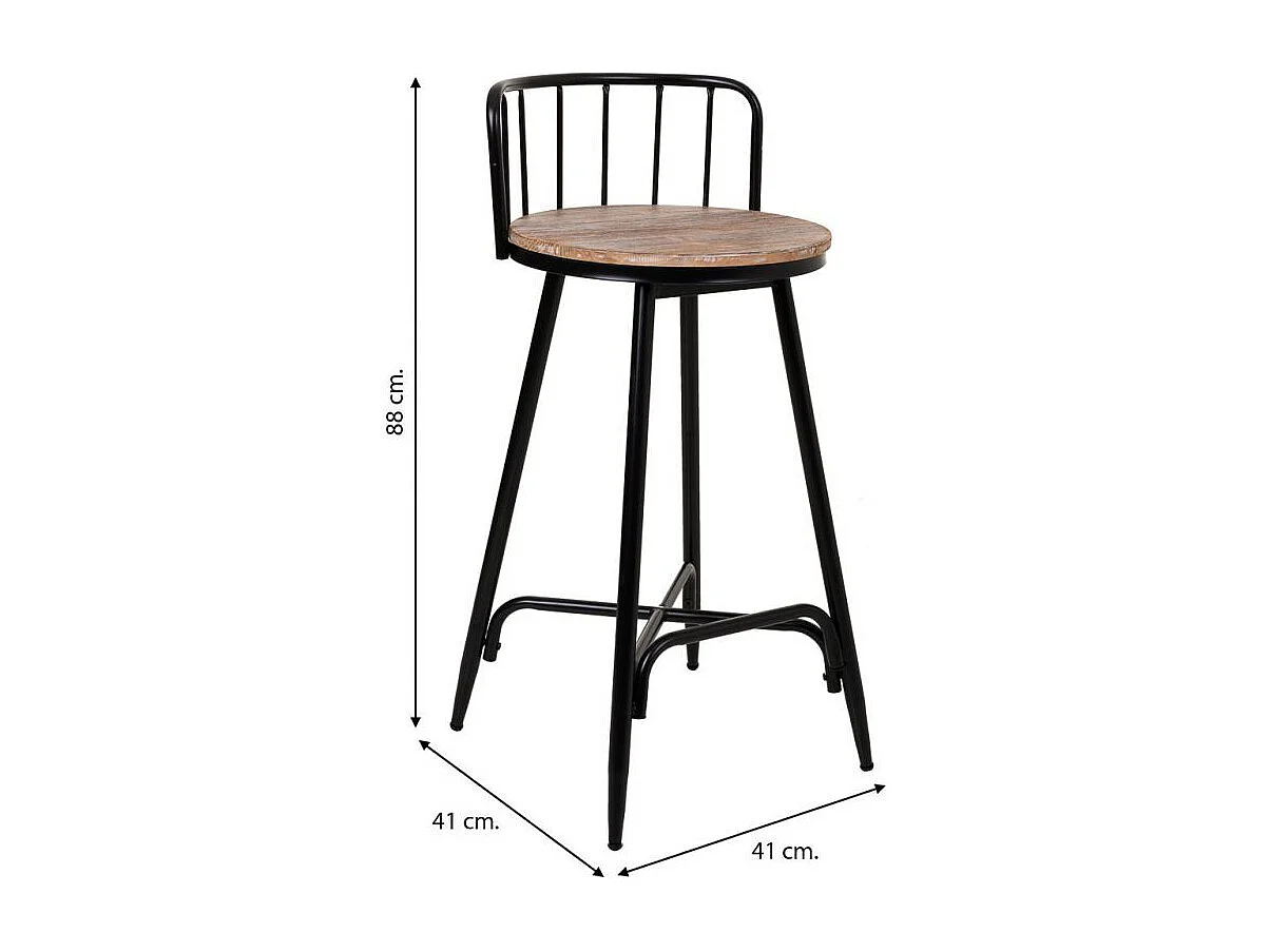 Banqueta com encosto em metal cinza e madeira.