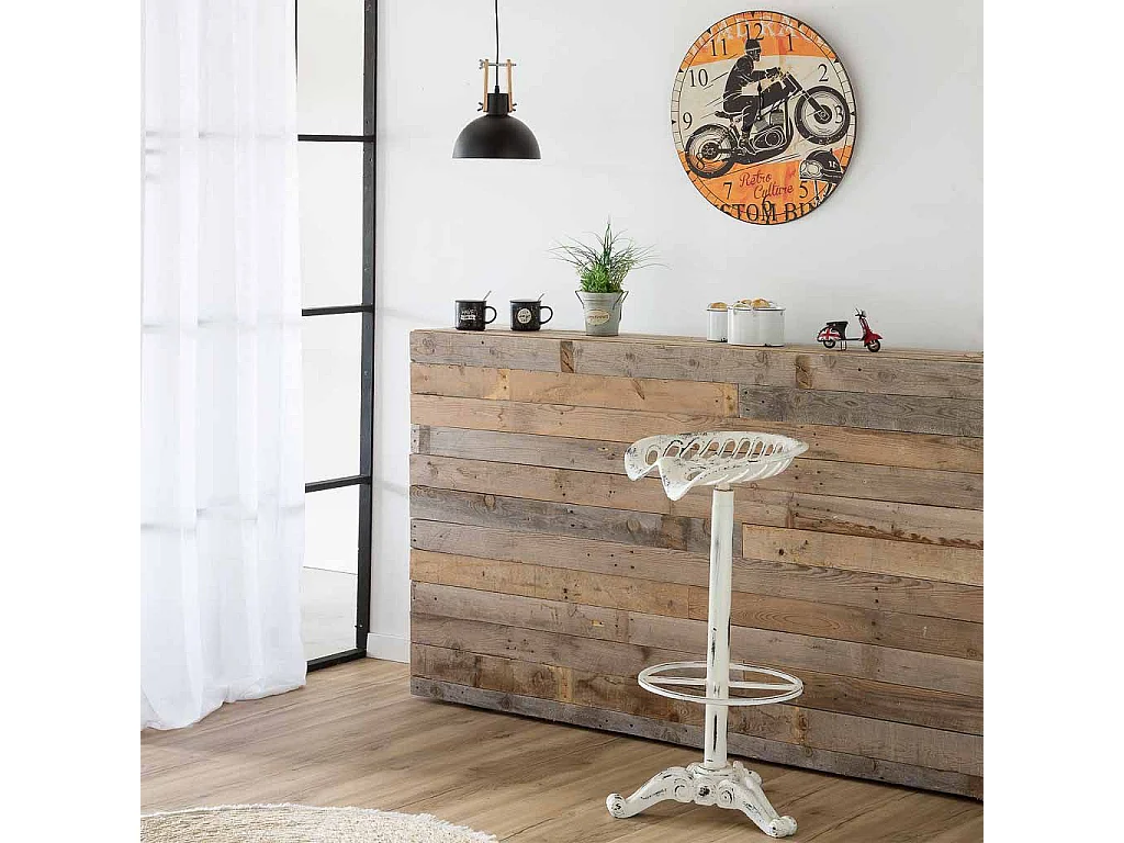 Banqueta de madeira e metal laqueado branco