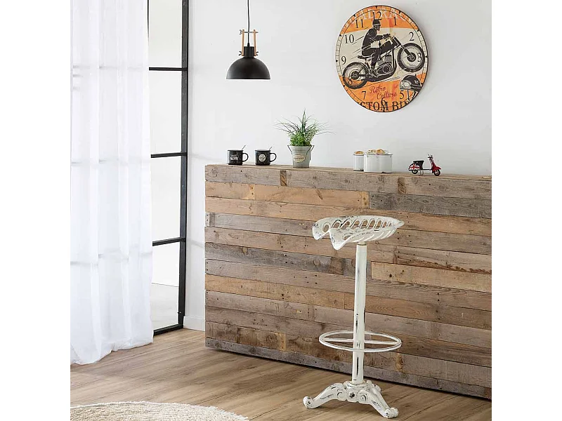 Banqueta de madeira e metal laqueado branco