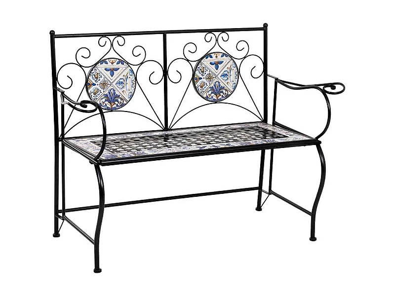 Bank van zwart mozaïek en smeedijzer