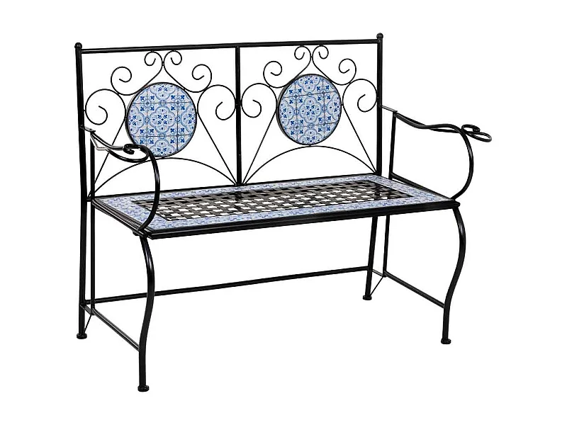 Bank van zwart mozaïek en smeedijzer