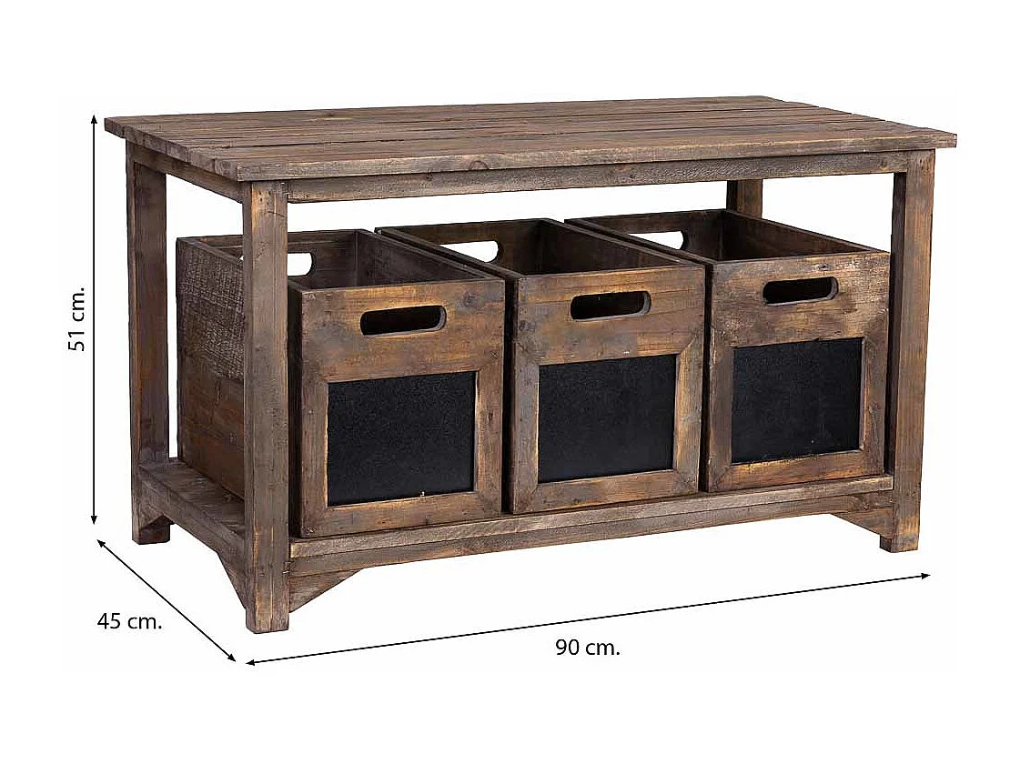 Panca in legno con 3 cassetti, marrone