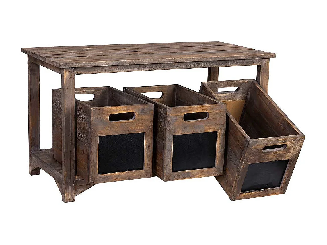 Panca in legno con 3 cassetti, marrone