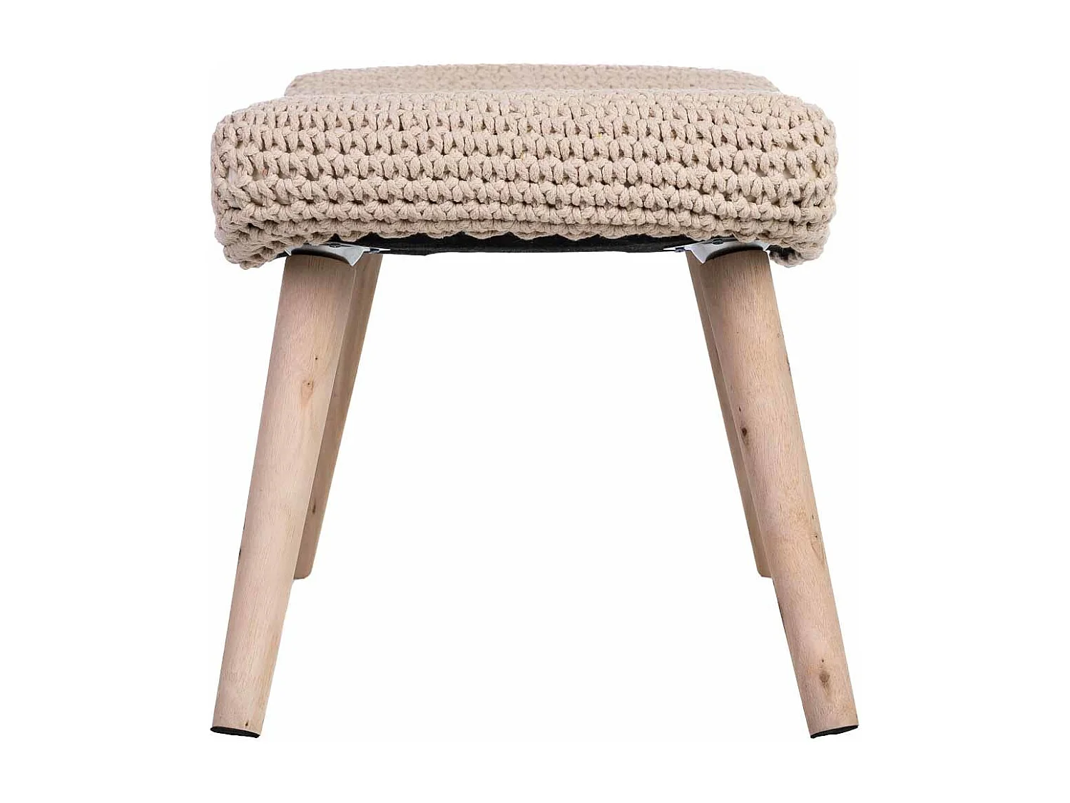 Houten bank met beige gevlochten katoenen bekleding