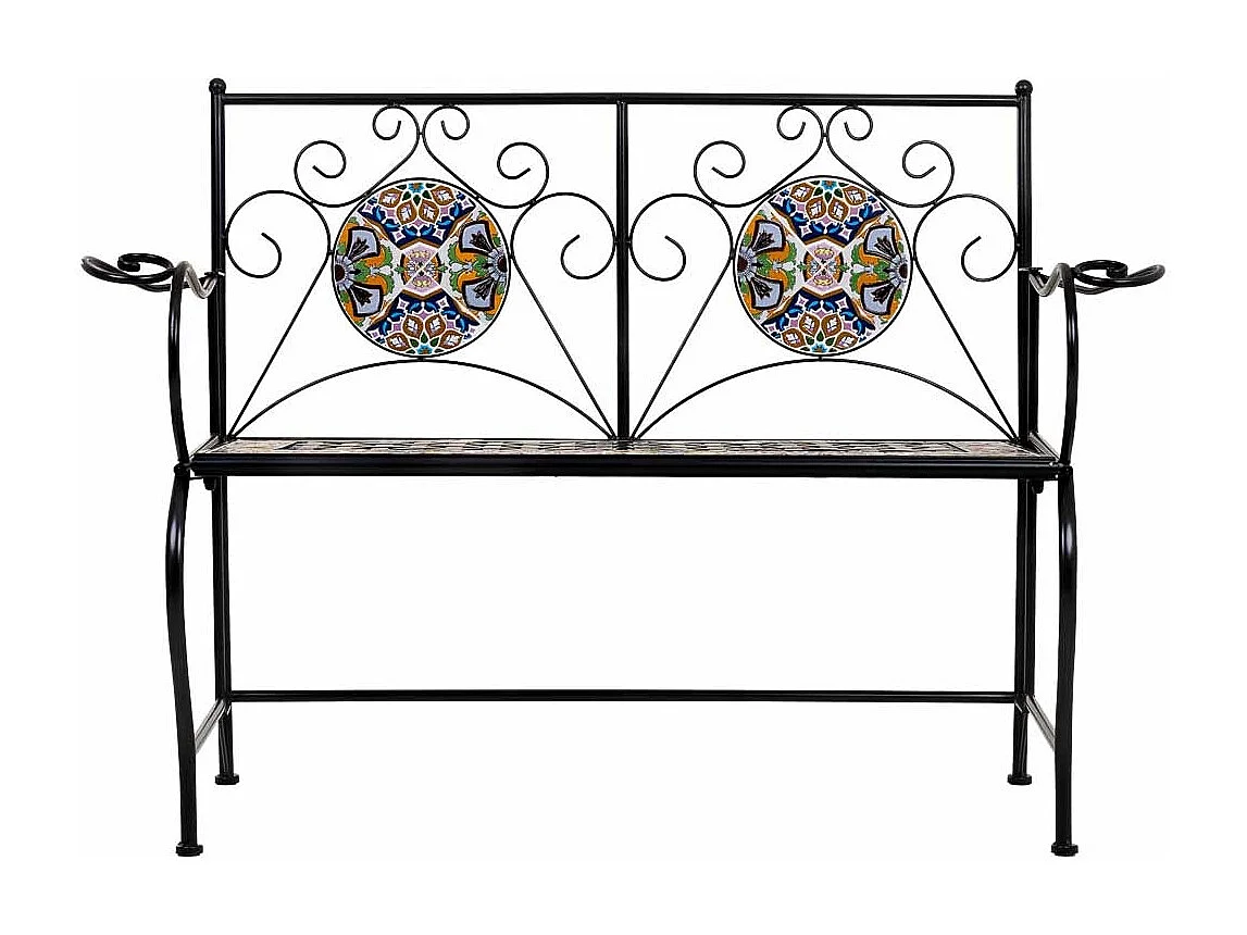 Bank van zwart mozaïek en smeedijzer