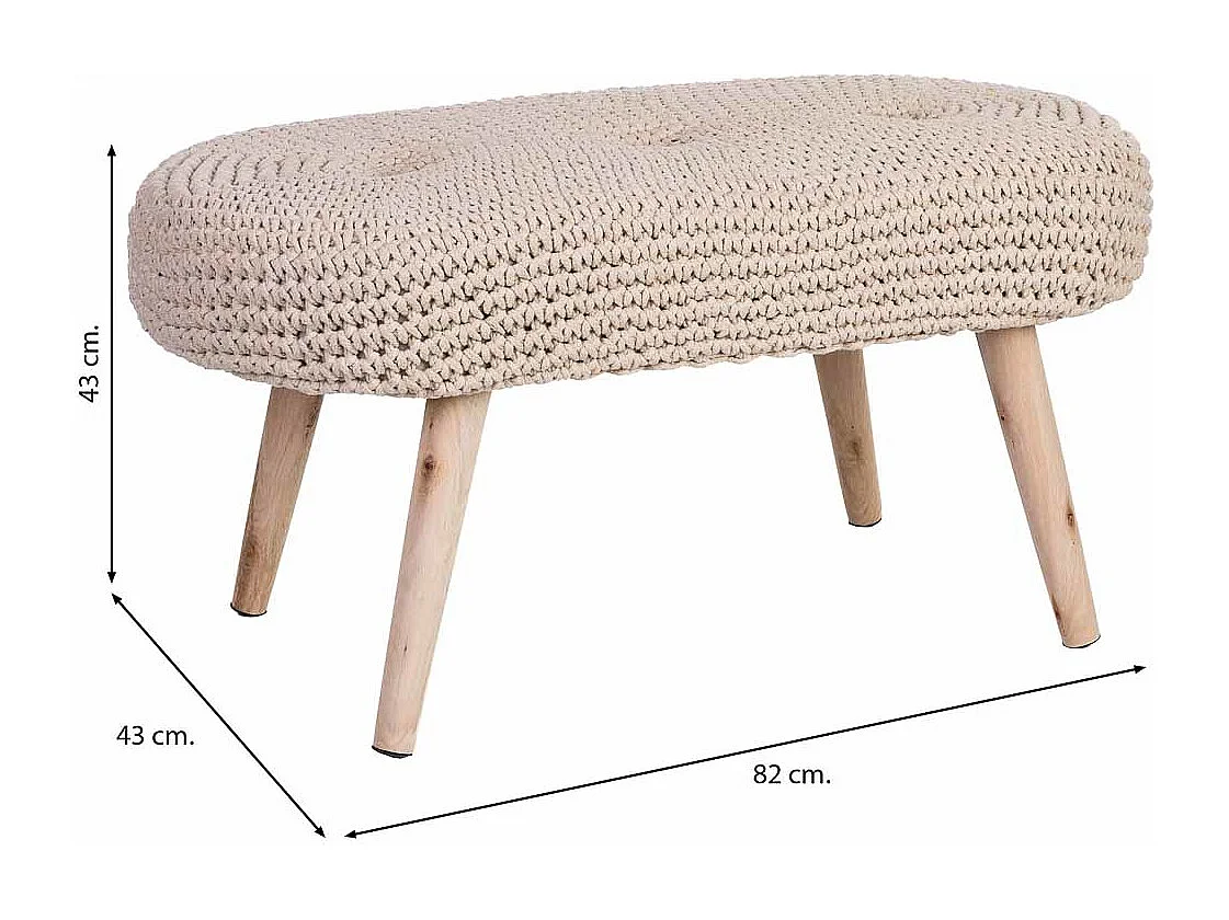 Beige houten bank met gevlochten katoenen bekleding