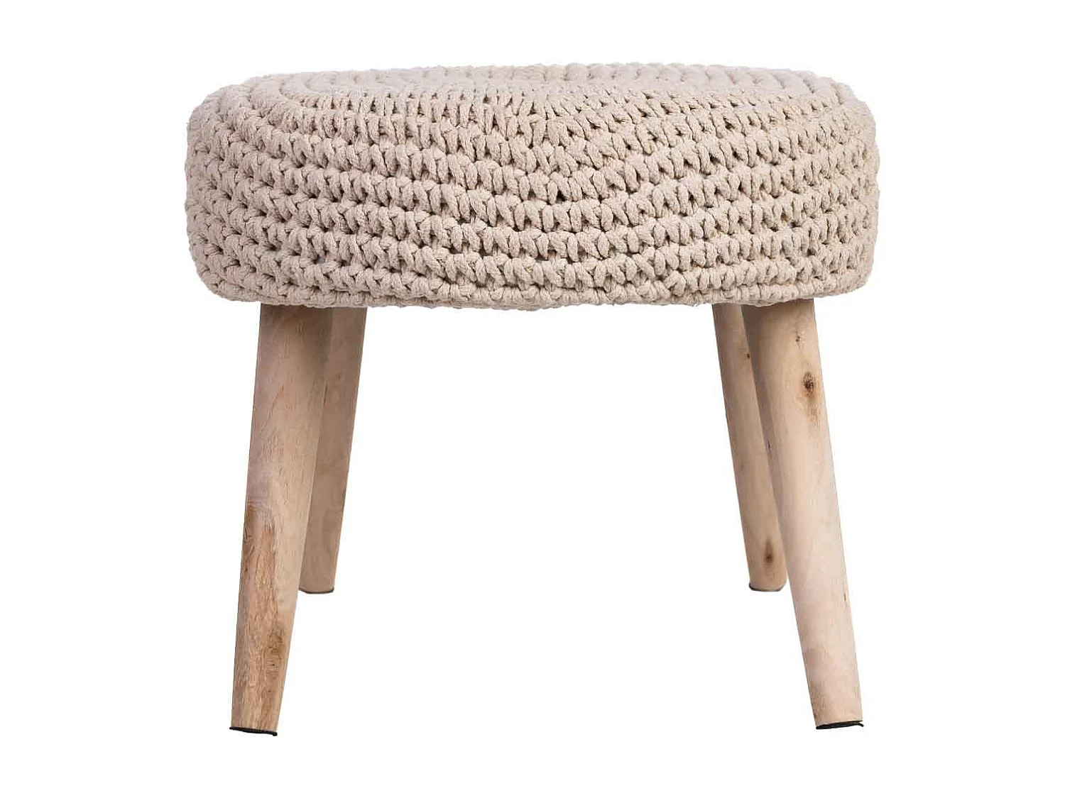 Beige houten bank met gevlochten katoenen bekleding