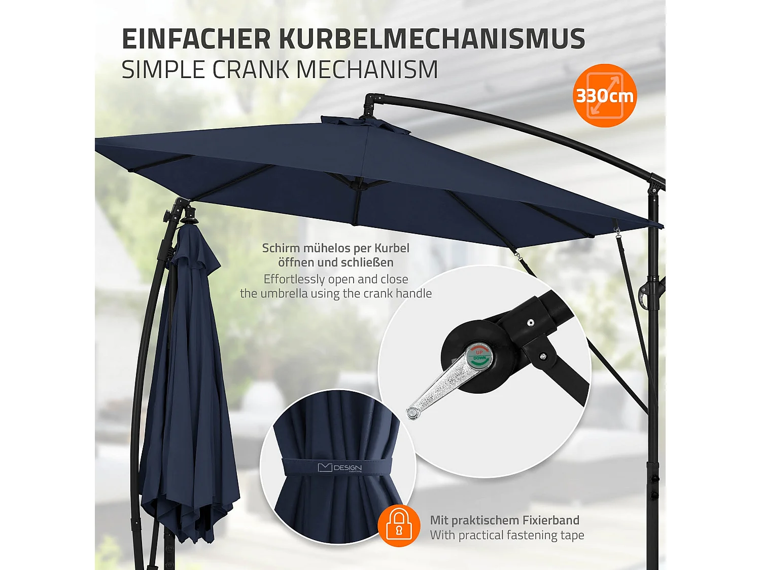 Parasol déporté Ø 330 cm bleu marine en aluminium avec manivelle protection UV50+ tissu imperméable modèle inclinable et pivotant 360° jardin terrasse