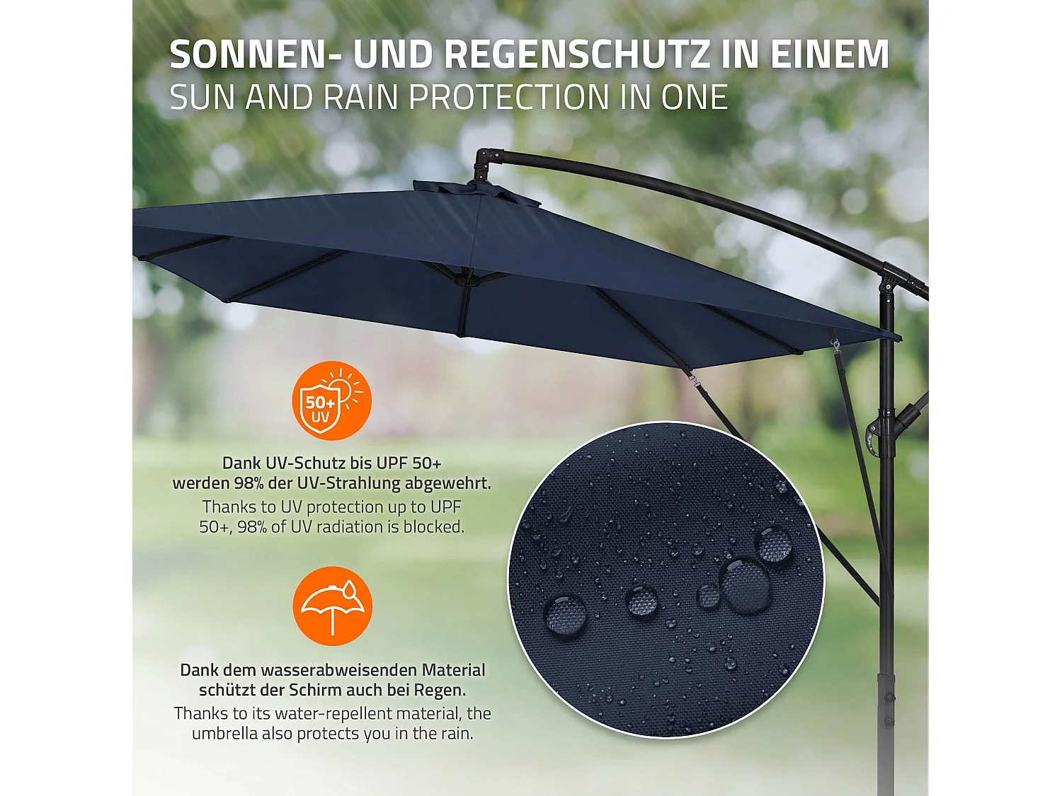 Parasol déporté Ø 330 cm bleu marine en aluminium avec manivelle protection UV50+ tissu imperméable modèle inclinable et pivotant 360° jardin terrasse