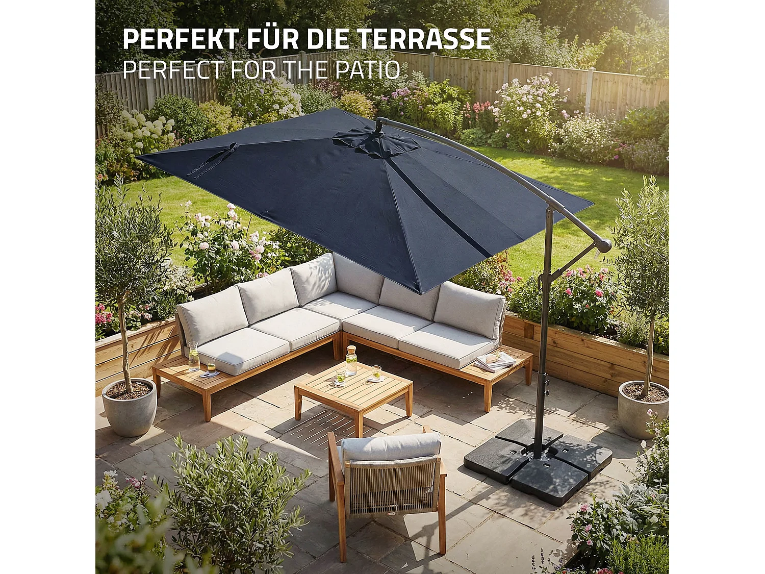 Parasol déporté Ø 330 cm bleu marine en aluminium avec manivelle protection UV50+ tissu imperméable modèle inclinable et pivotant 360° jardin terrasse